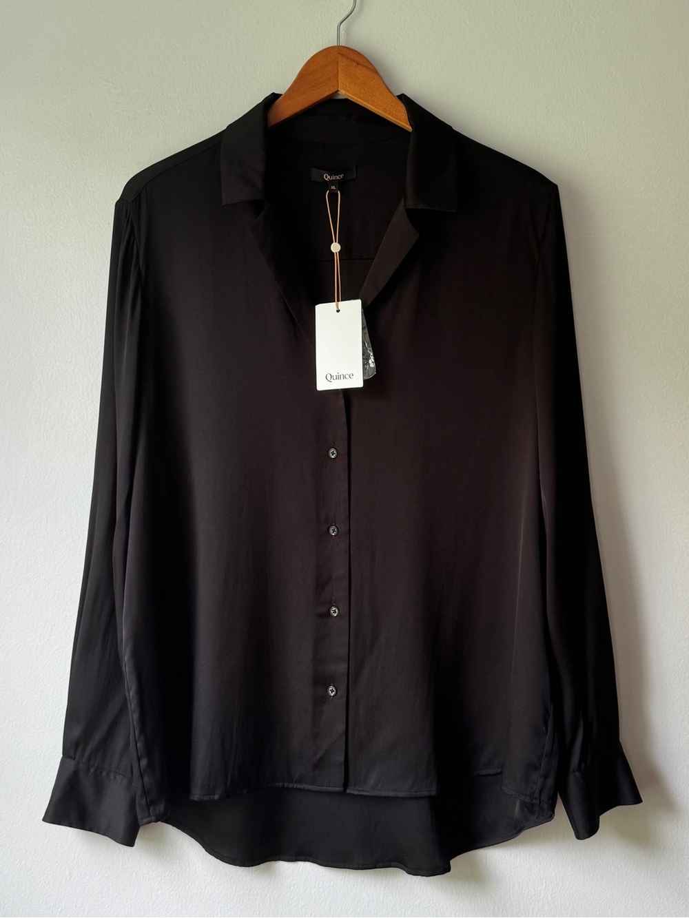 NWT Quince Washable Stretch Silk Notch Collar Blouse Black Women XL